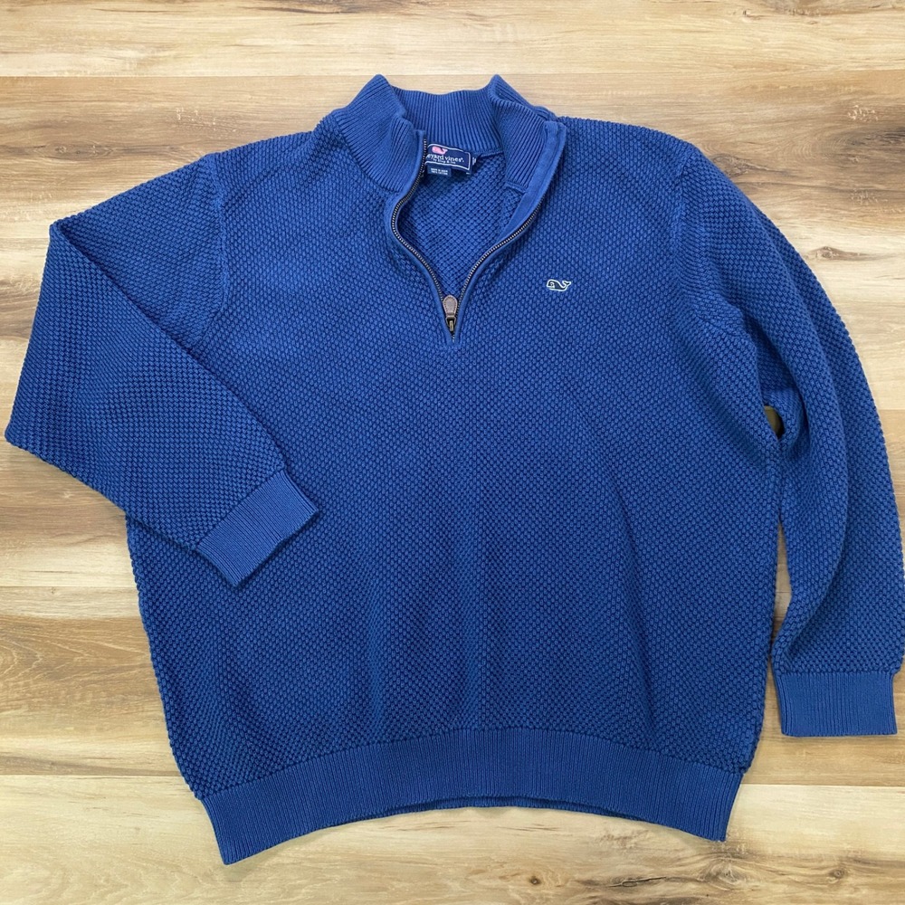 Vineyard Vines 1/4 Zip Sweater XXL Waffle Knit Pullover Cotton Blue